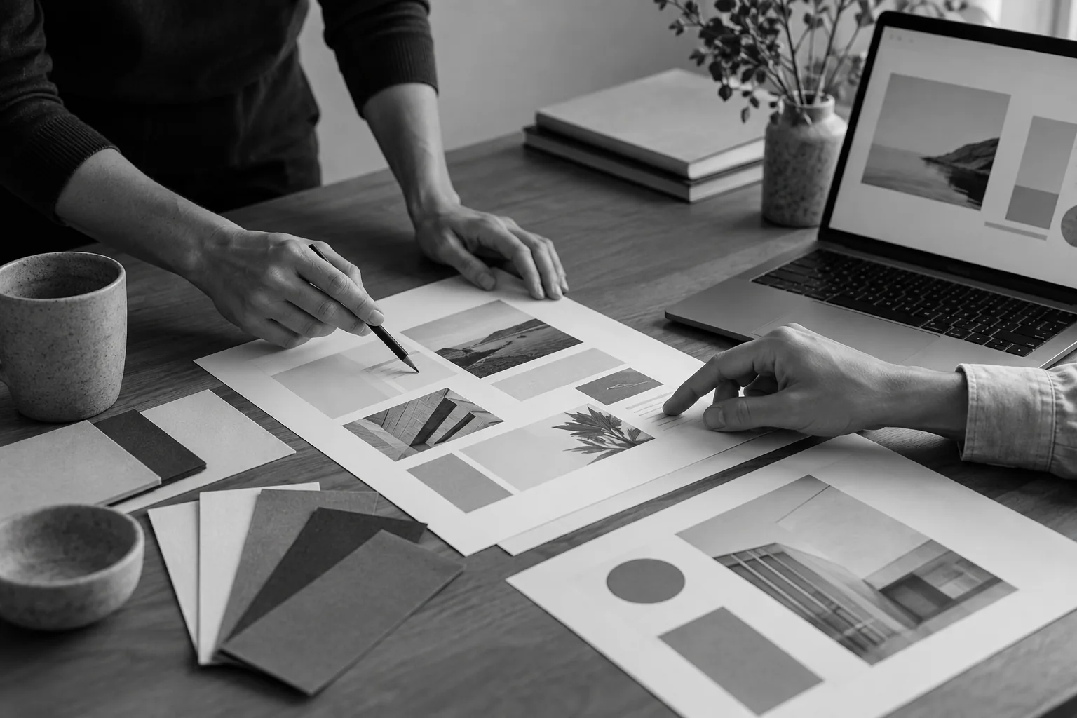 Diseño y trabajo digital en una mesa de proyecto