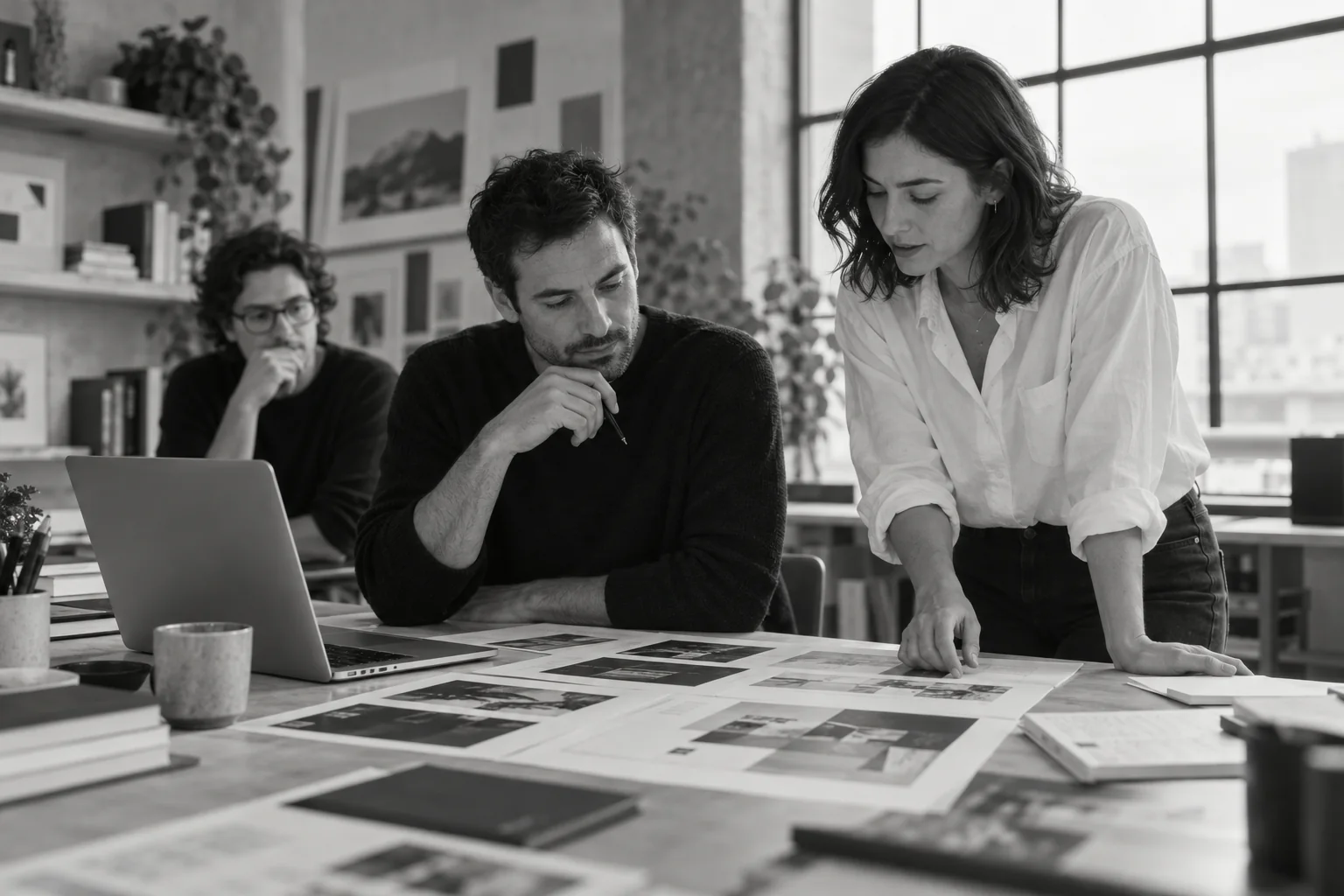 Escena conceptual de colaboración creativa alrededor de una mesa de trabajo