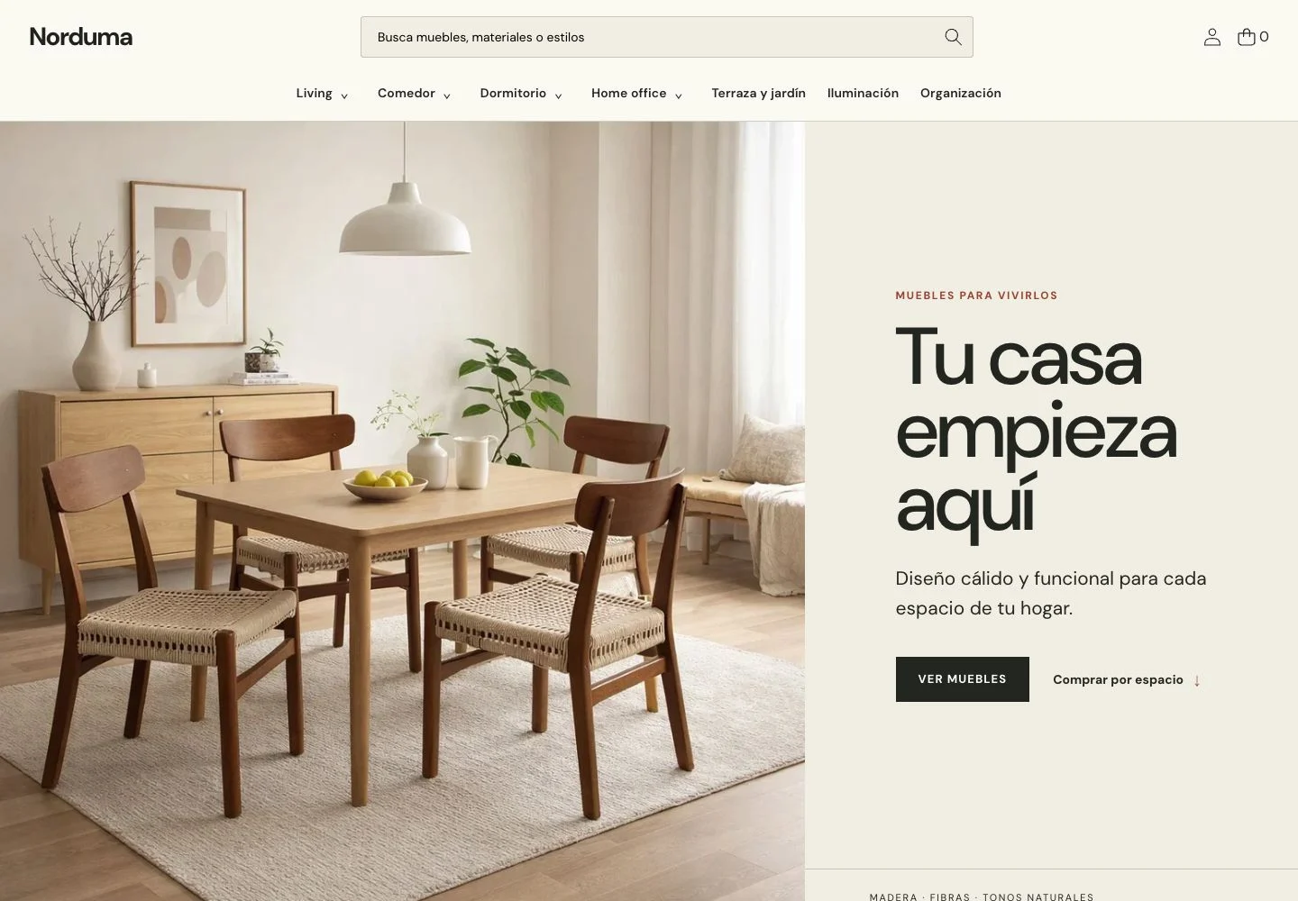 Portada de Norduma con un comedor de madera en tonos naturales y el mensaje Tu casa empieza aquí